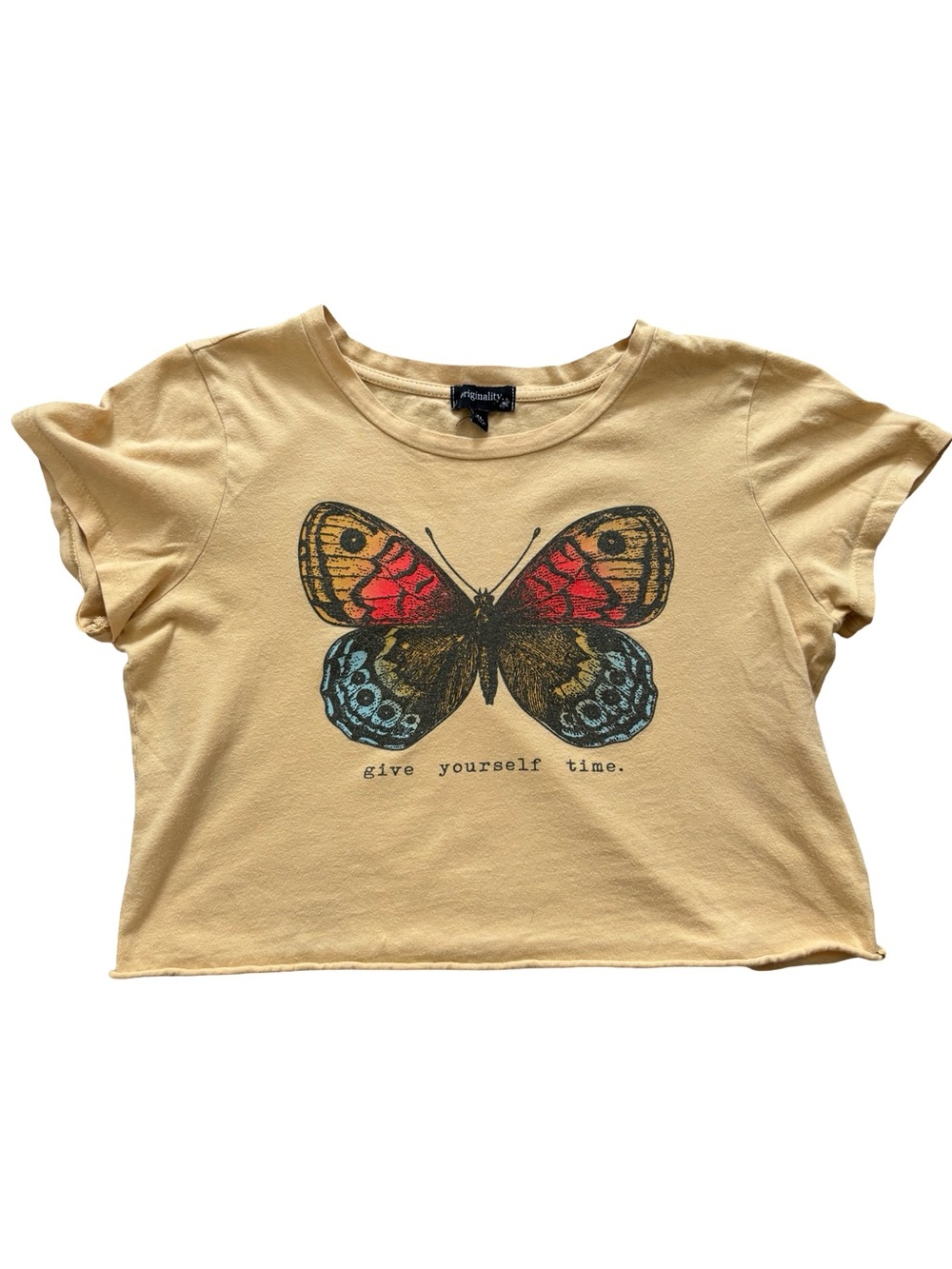 Originality Yellow Butterfly Graphic Crop Top - give yourself time. Size XL